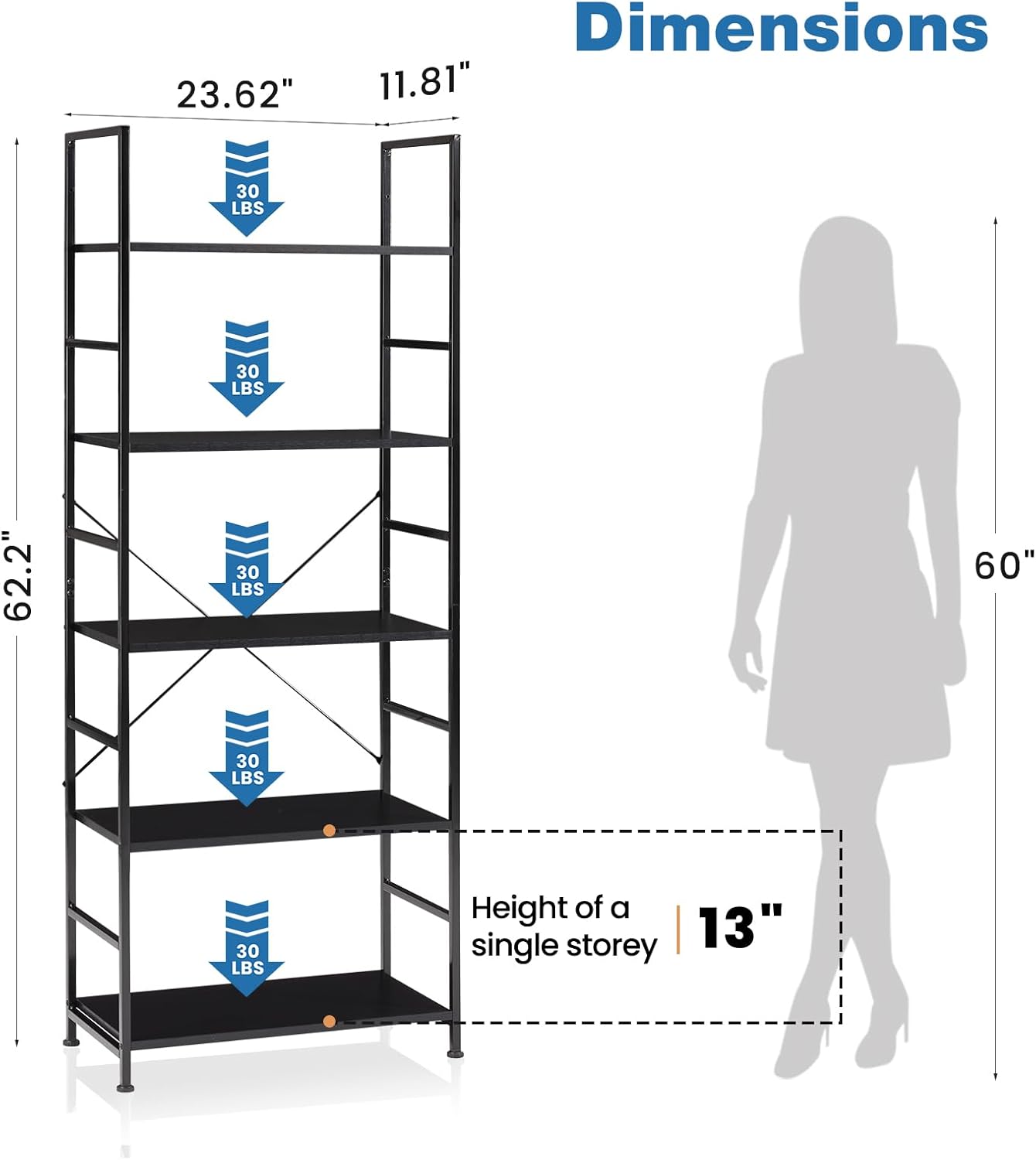 GoFurnitureHub 5-Tier Open Bookcase – Modern Freestanding Display Shelf, Black