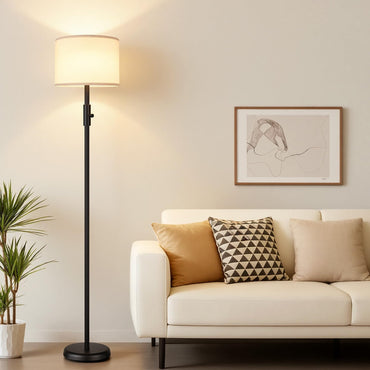 GoFurnitureHub Dimmable Floor Lamp with Linen Shade – Modern Black Standing Lamp with 1000 Lumens LED Bulb