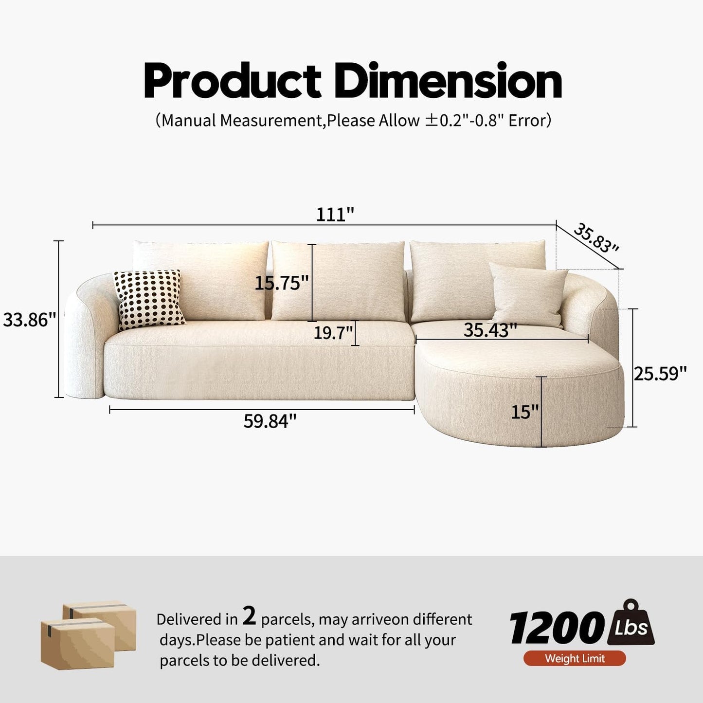 GoFurnitureHub 111" Modular Curved Sectional Sofa – Luxury L-Shaped Cloud Couch with Right Chaise, White