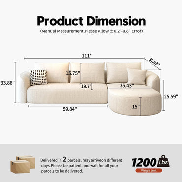 GoFurnitureHub 111" Modular Curved Sectional Sofa – Luxury L-Shaped Cloud Couch with Right Chaise, White