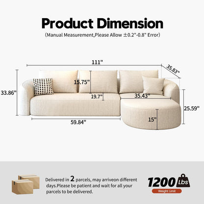 GoFurnitureHub 111" Modular Curved Sectional Sofa – Luxury L-Shaped Cloud Couch with Right Chaise, White