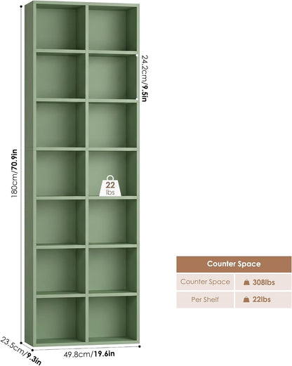 GoFurnitureHub 71" Tall 7-Tier Double Wide Bookshelf – 14-Cube Green Bookcase with Adjustable Shelves