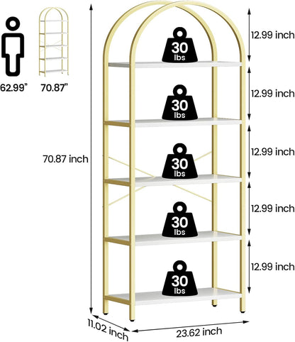 GoFurnitureHub 5-Tier Arched Bookshelf – White & Gold Modern Metal Display Bookcase for Living Room & Home Office