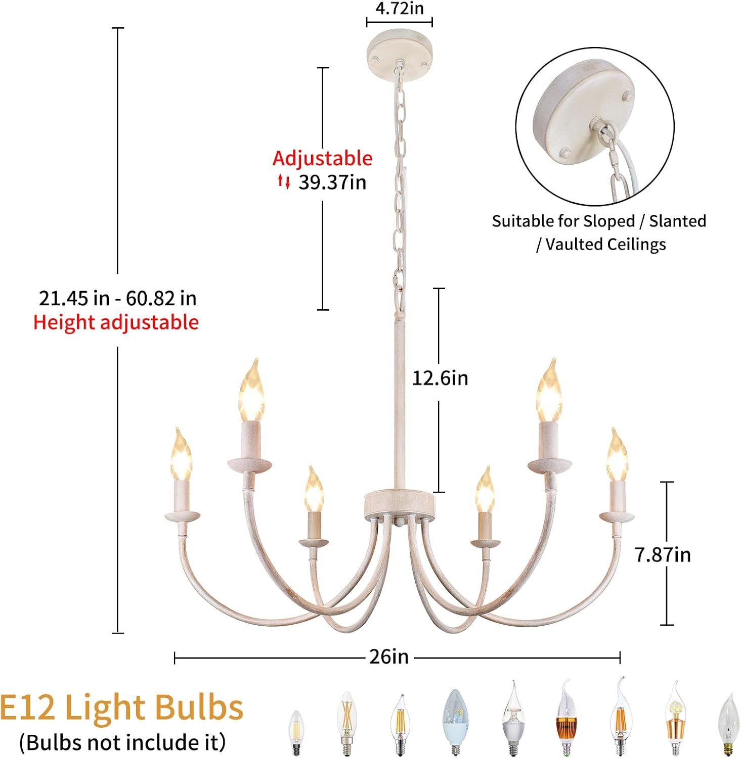 GoFurnitureHub 26" French Country 6-Light Farmhouse Chandelier – Antique White Candle Ceiling Light