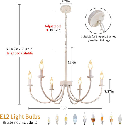 GoFurnitureHub 26" French Country 6-Light Farmhouse Chandelier – Antique White Candle Ceiling Light