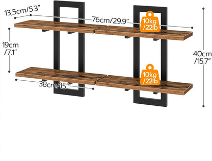 GoFurnitureHub 15" Floating Wall Shelf Set of 2 – 2-Tier Rustic Brown & Black Wall Mounted Storage Shelves