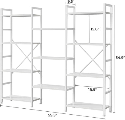 GoFurnitureHub 4-Tier Triple Bookshelf – Wide 11-Shelf White Bookcase for Home & Office