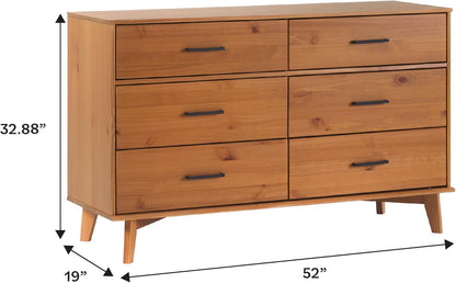 GoFurnitureHub 52" Solid Wood 6-Drawer Dresser – Mid-Century Modern Storage Chest, Caramel