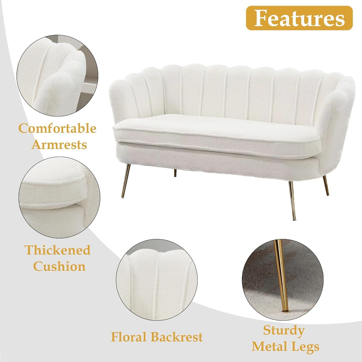GoFurnitureHub 59" Modern Bouclé Loveseat – Ivory 2-Seater Sofa with Gold Metal Legs
