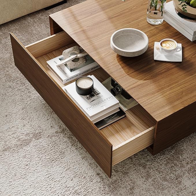 GoFurnitureHub 39.4" Modern Square Coffee Table – Walnut Wood Coffee Table with Hidden Storage