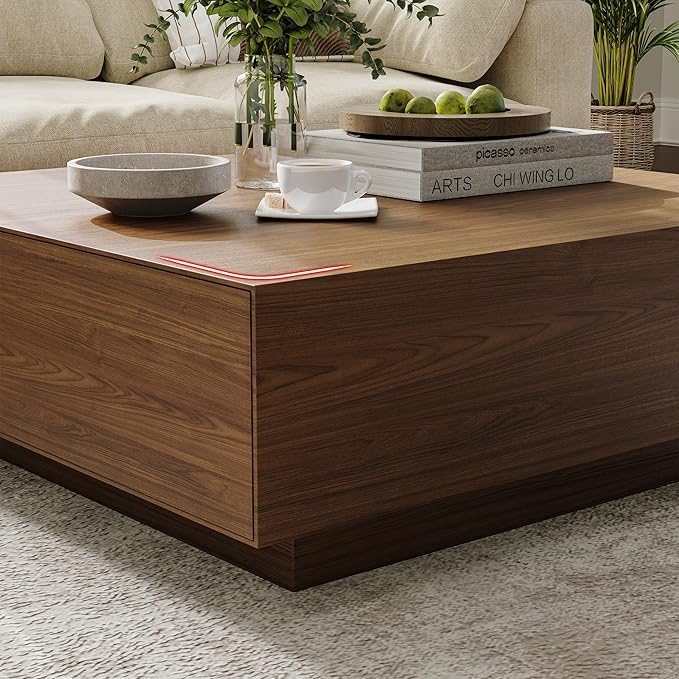GoFurnitureHub 39.4" Modern Square Coffee Table – Walnut Wood Coffee Table with Hidden Storage
