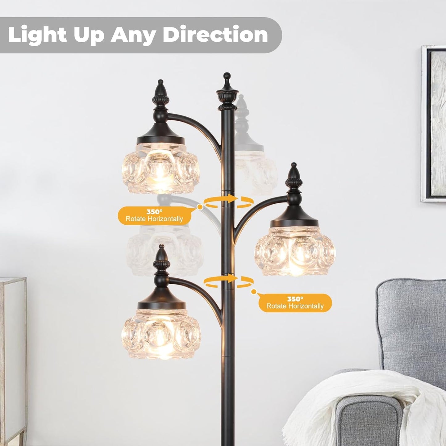 GoFurnitureHub 66.5" Black Tree Floor Lamp with 3 Adjustable Glass Lights