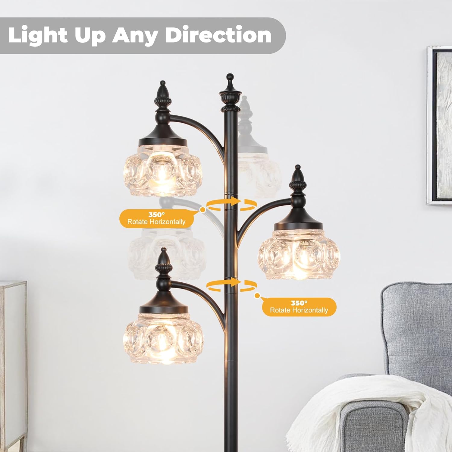 GoFurnitureHub 66.5" Black Tree Floor Lamp with 3 Adjustable Glass Lights