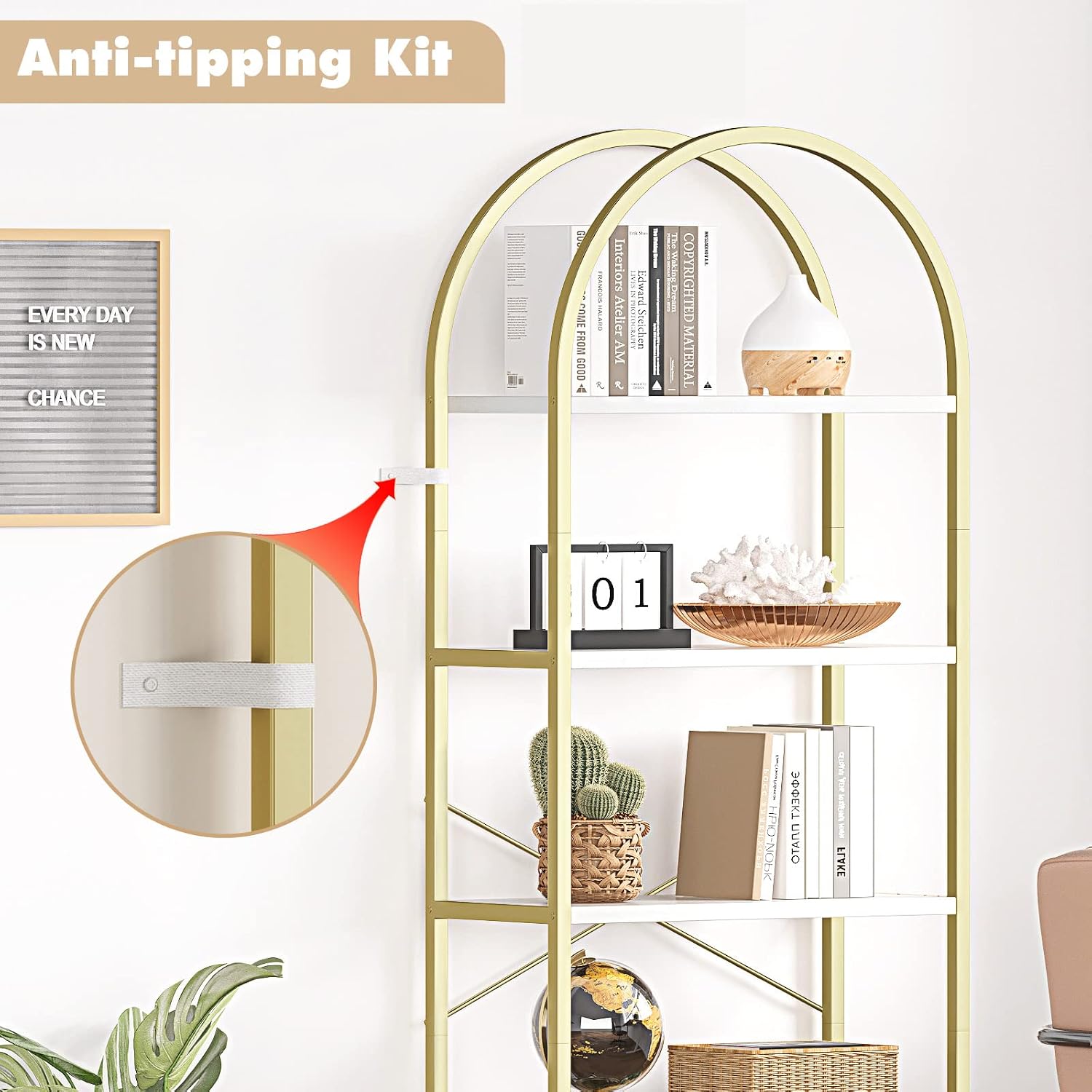 GoFurnitureHub 5-Tier Arched Bookshelf – White & Gold Modern Metal Display Bookcase for Living Room & Home Office