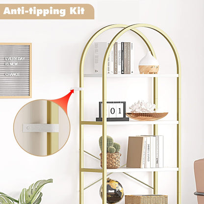 GoFurnitureHub 5-Tier Arched Bookshelf – White & Gold Modern Metal Display Bookcase for Living Room & Home Office