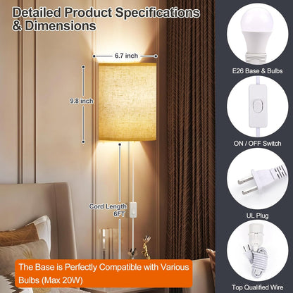 GoFurnitureHub Plug-In Wall Sconces with Linen Shades – Set of 2