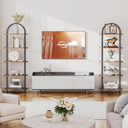 GoFurnitureHub 5-Tier Arched Bookcase – Industrial Wood & Metal Display Shelf, Rustic Brown