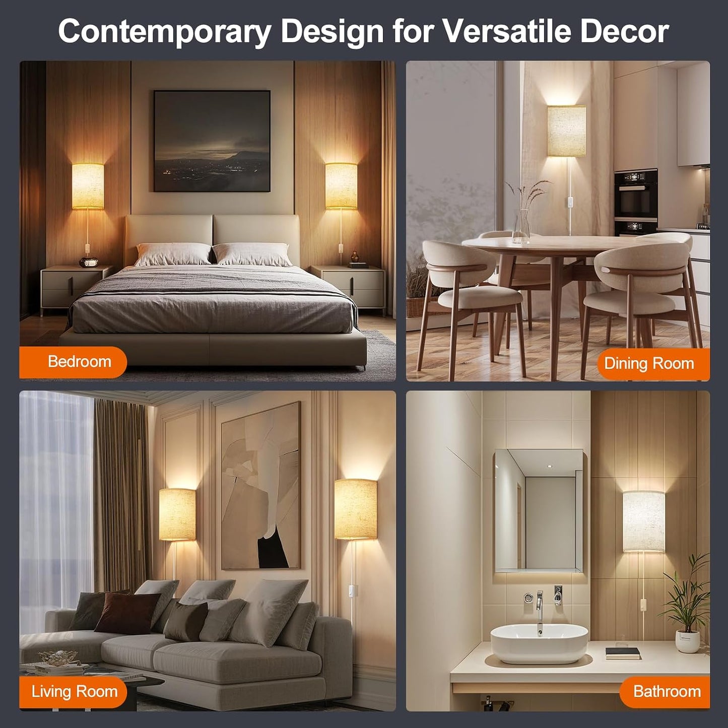 GoFurnitureHub Plug-In Wall Sconces with Linen Shades – Set of 2