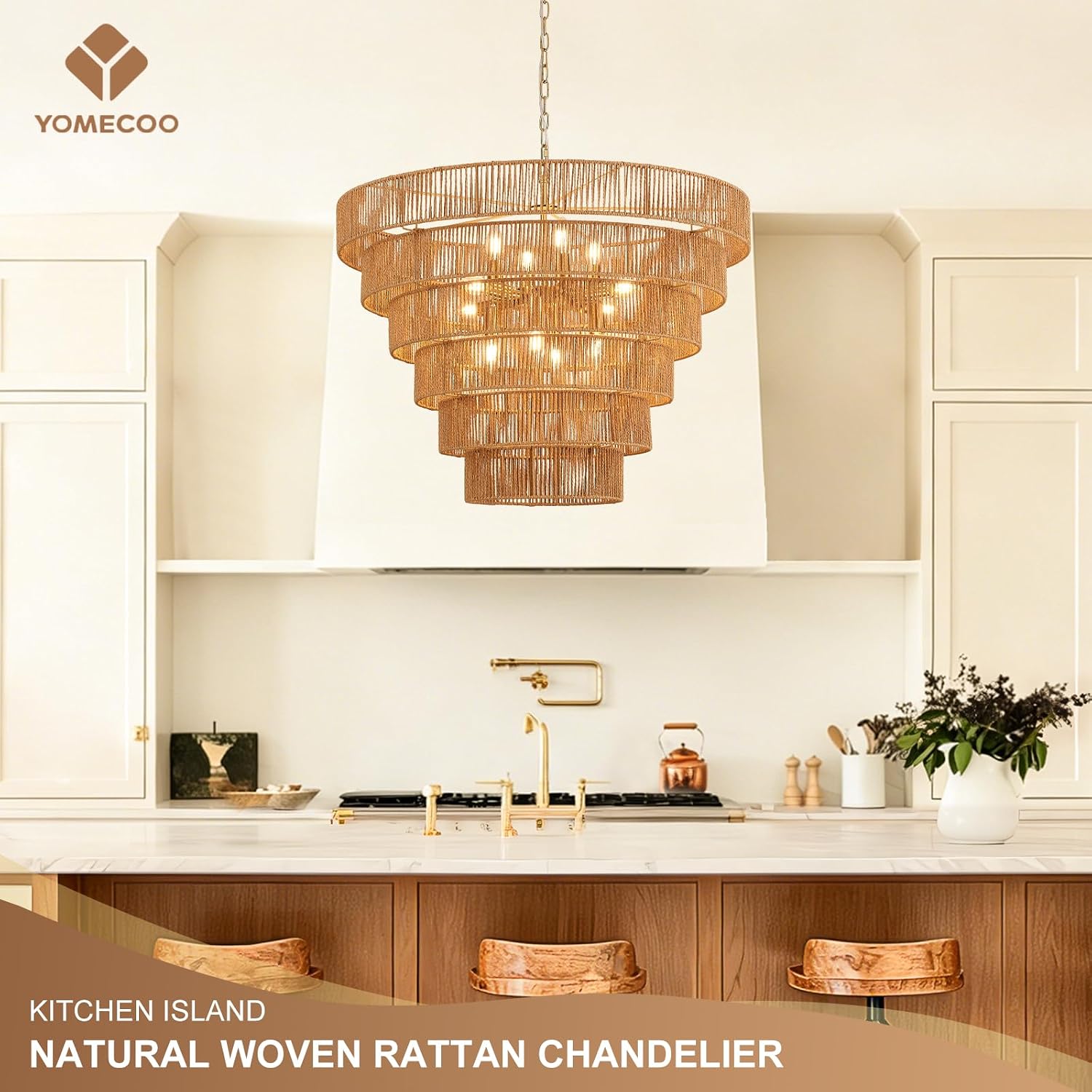 GoFurnitureHub 31.5" Large Gold Rattan Chandelier – 12-Light Handwoven Boho Farmhouse Drum Ceiling Light