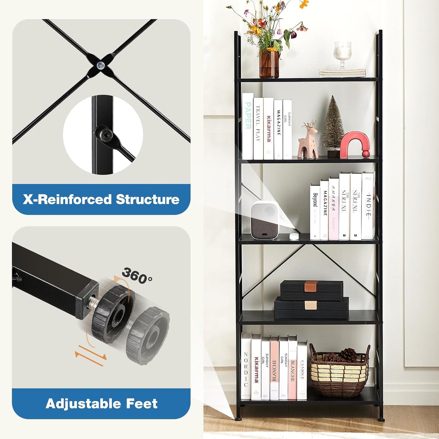 GoFurnitureHub 5-Tier Open Bookcase – Modern Freestanding Display Shelf, Black