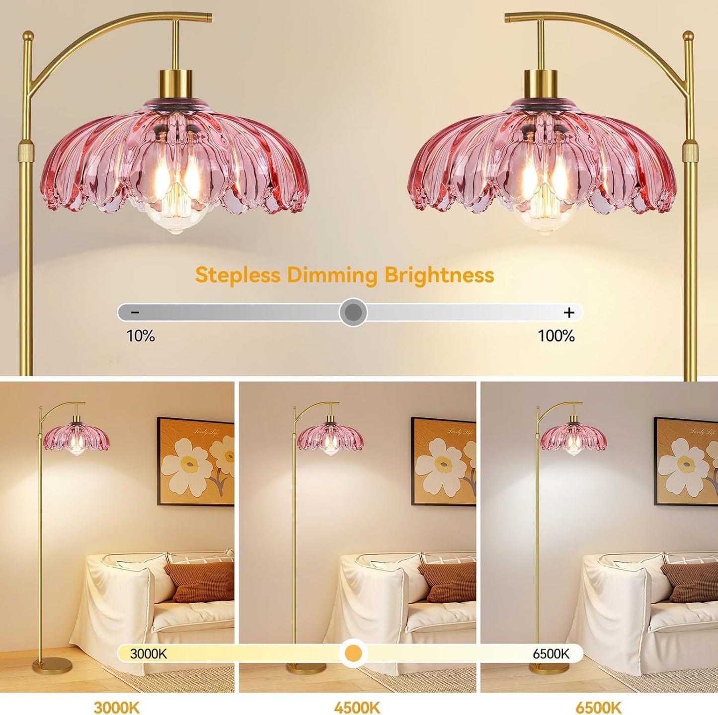 GoFurnitureHub Gold Arc Floor Lamp with Pink Glass Shade – Dimmable Mid-Century Modern Standing Lamp with Remote