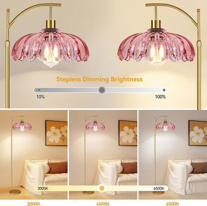 GoFurnitureHub Gold Arc Floor Lamp with Pink Glass Shade – Dimmable Mid-Century Modern Standing Lamp with Remote