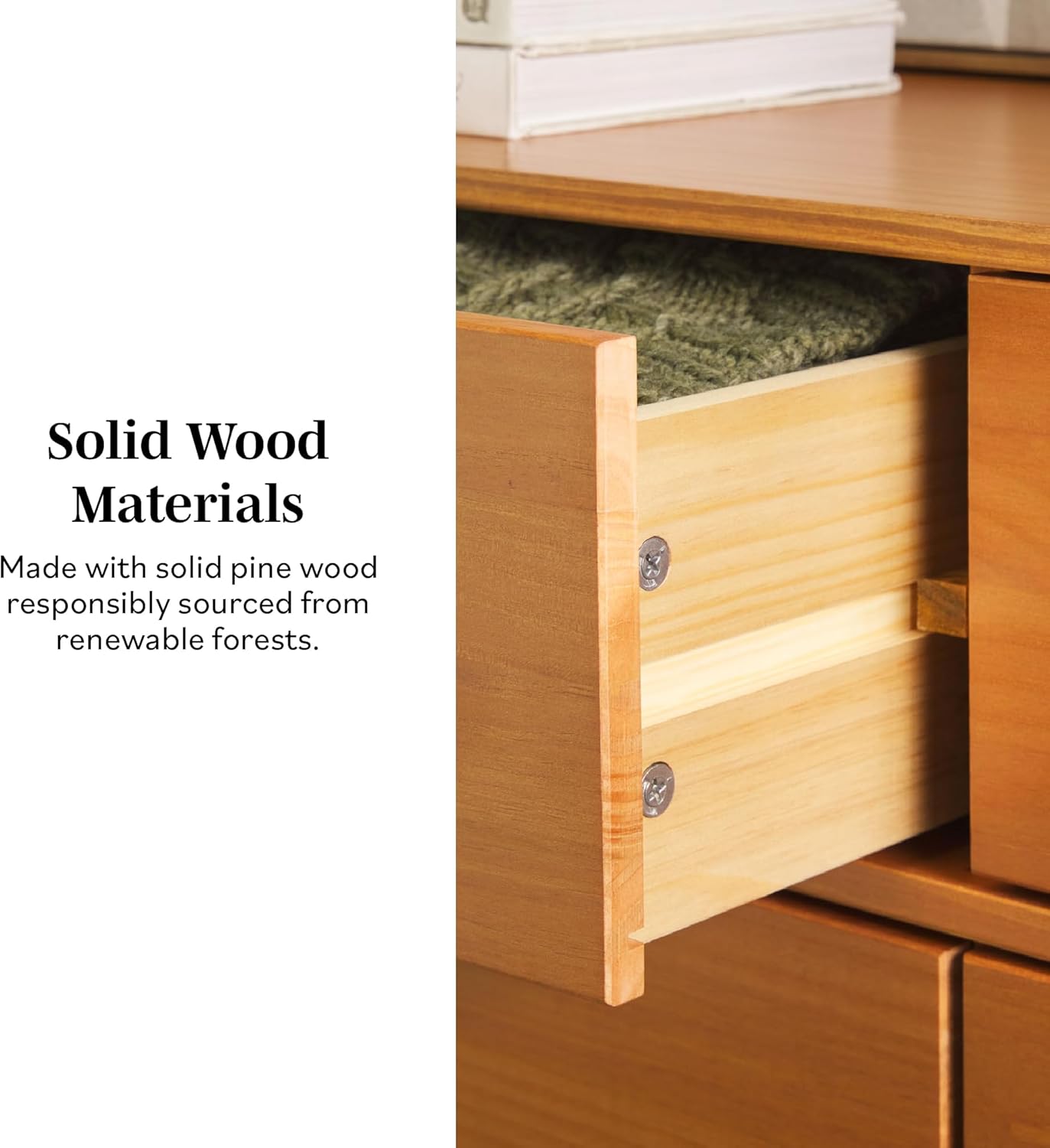 GoFurnitureHub 52" Solid Wood 6-Drawer Dresser – Mid-Century Modern Storage Chest, Caramel