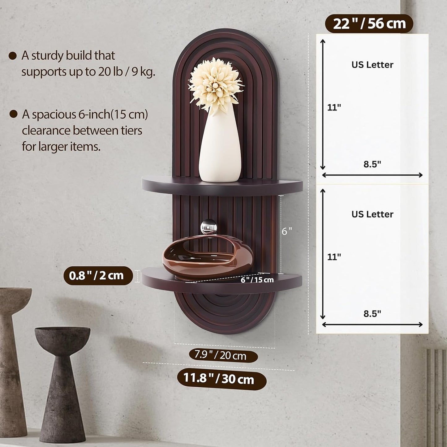 GoFurnitureHub Boho Arched Floating Wall Shelf – Mid-Century Wooden Display Shelf, Dark Brown