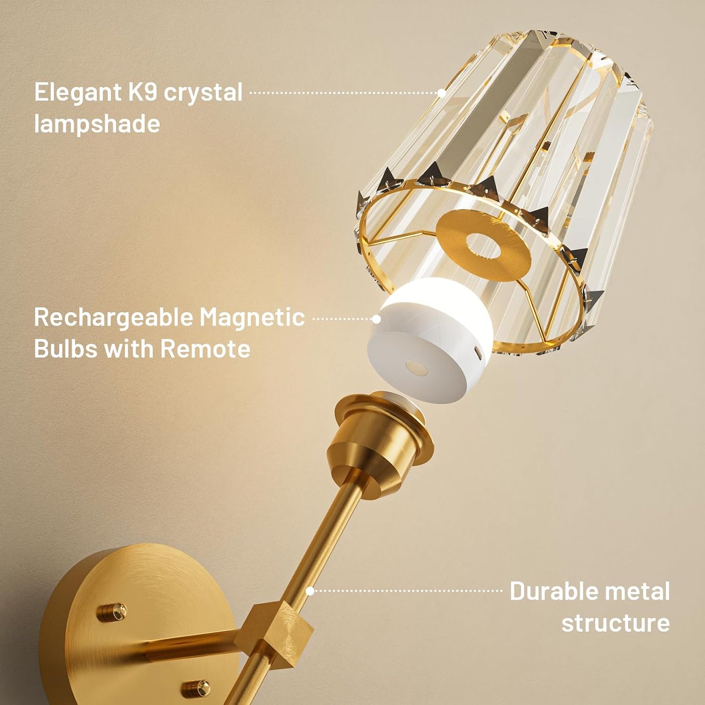 GoFurnitureHub Rechargeable – Gold Wireless RGB Dimmable Wall Lights with Remote, Set of 2