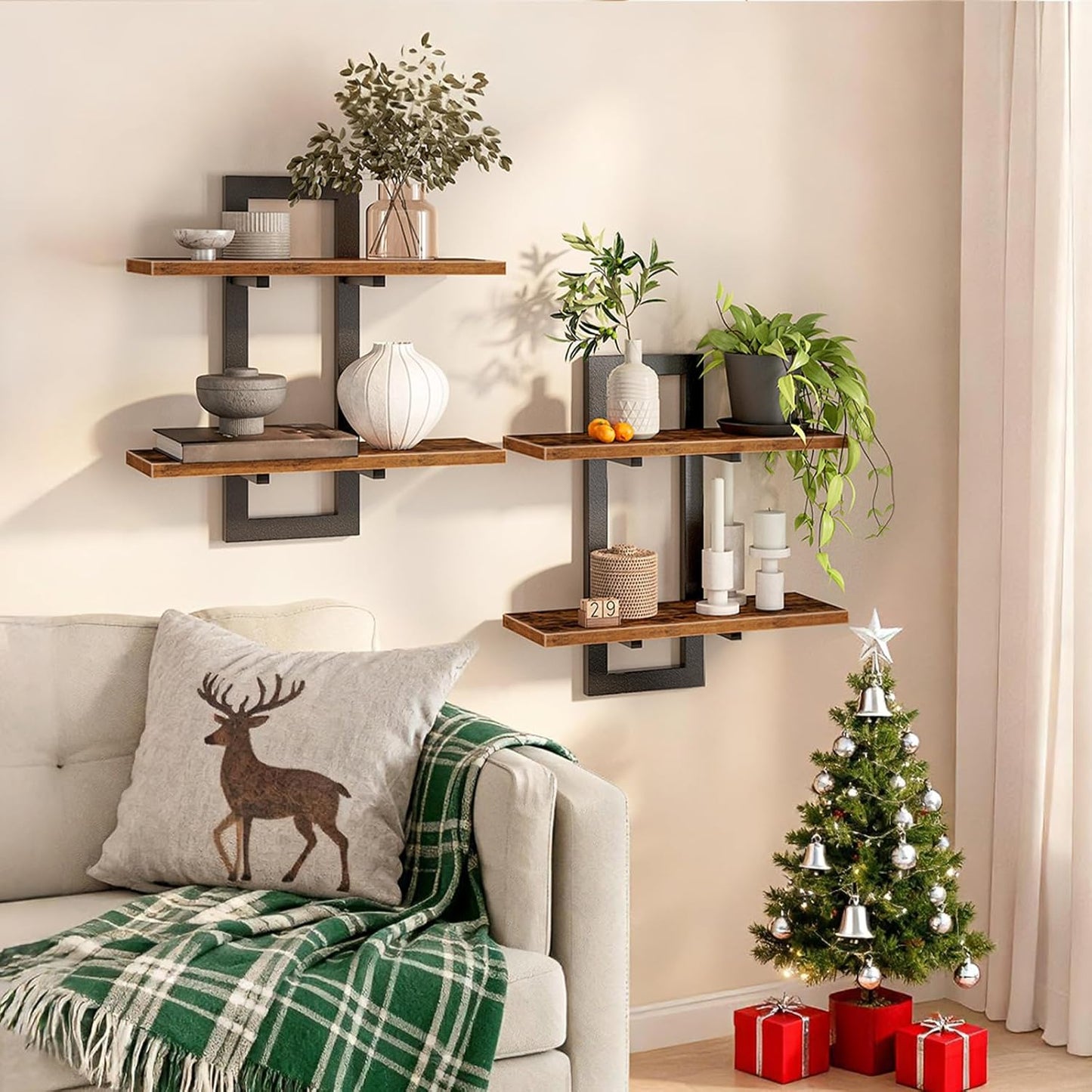 GoFurnitureHub 15" Floating Wall Shelf Set of 2 – 2-Tier Rustic Brown & Black Wall Mounted Storage Shelves