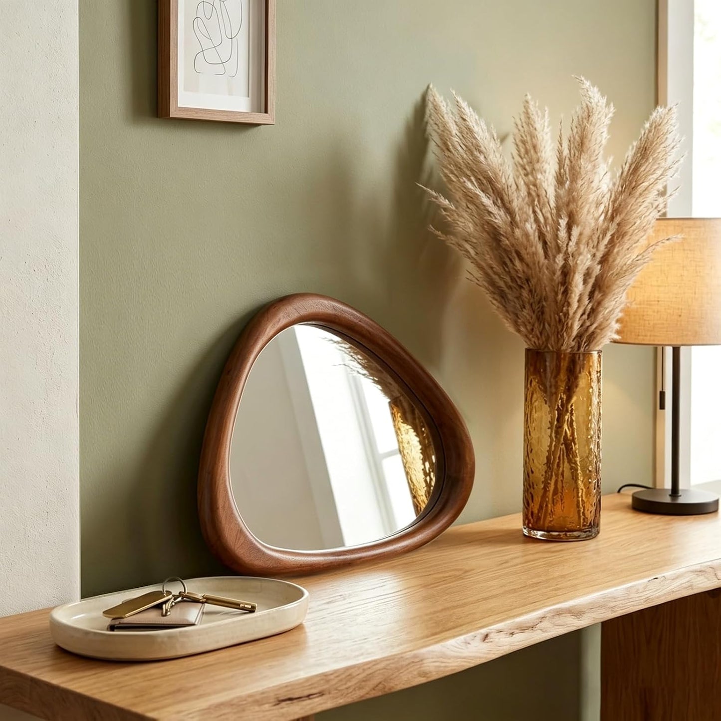 GoFurnitureHub 15" Asymmetrical Wood Wall Mirror – Modern Irregular Decorative Mirror, Black Walnut