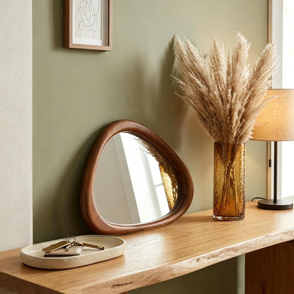 GoFurnitureHub 15" Asymmetrical Wood Wall Mirror – Modern Irregular Decorative Mirror, Black Walnut