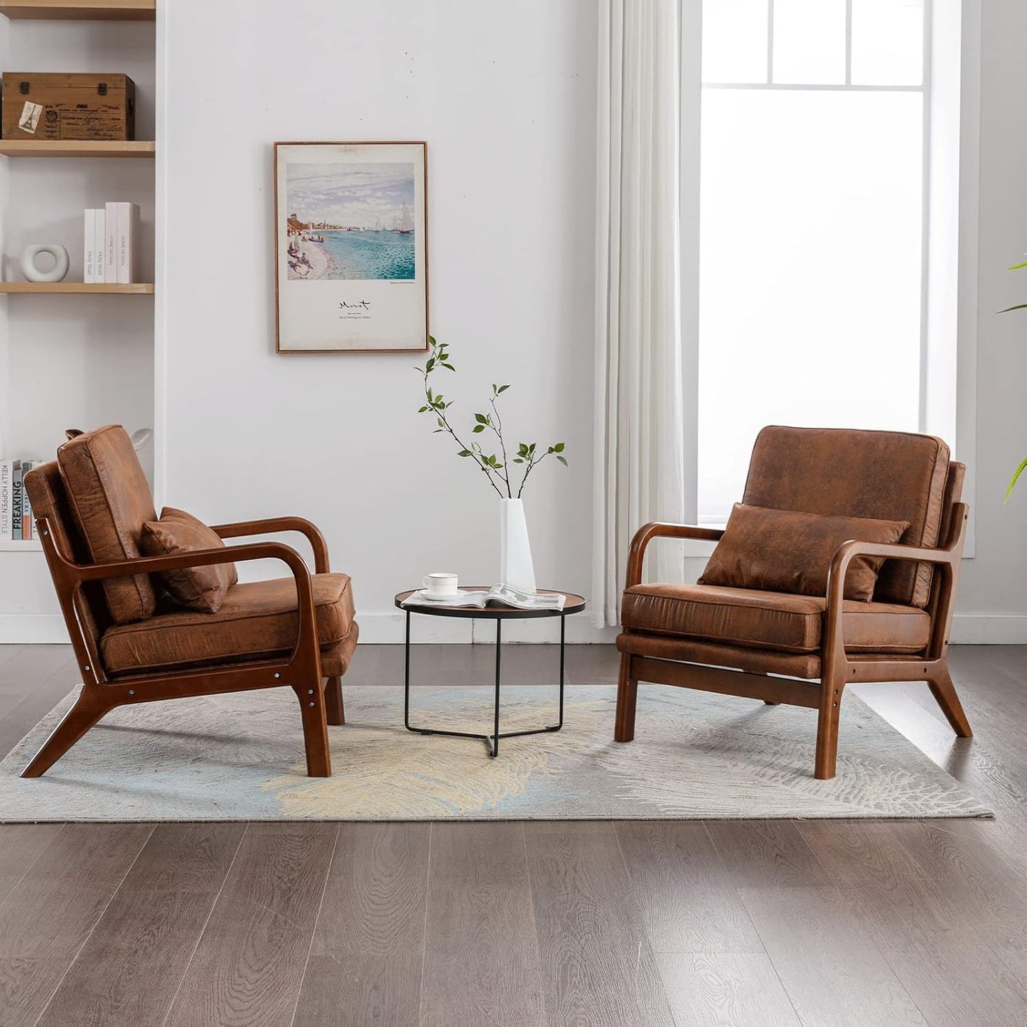 GoFurnitureHub Set of 2 Mid-Century Accent Chairs with Solid Wood Arms