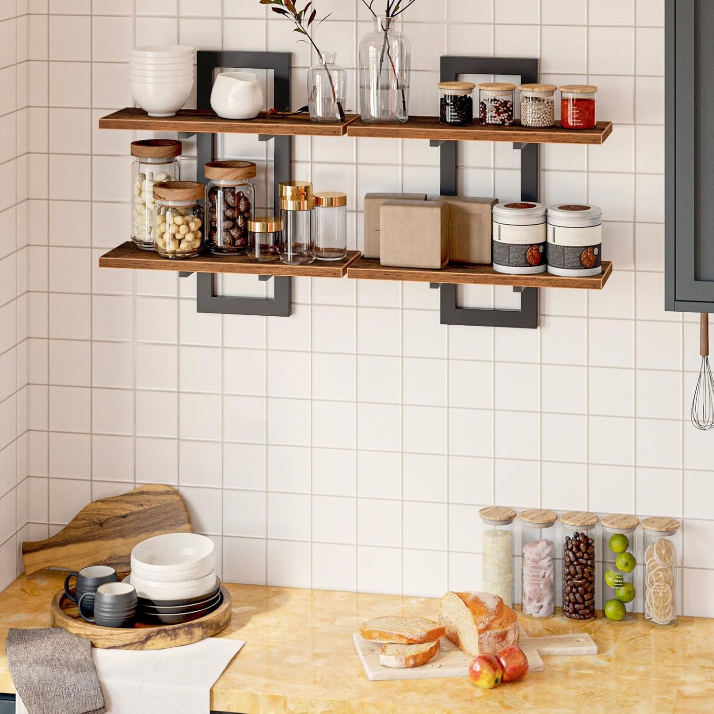 GoFurnitureHub 15" Floating Wall Shelf Set of 2 – 2-Tier Rustic Brown & Black Wall Mounted Storage Shelves