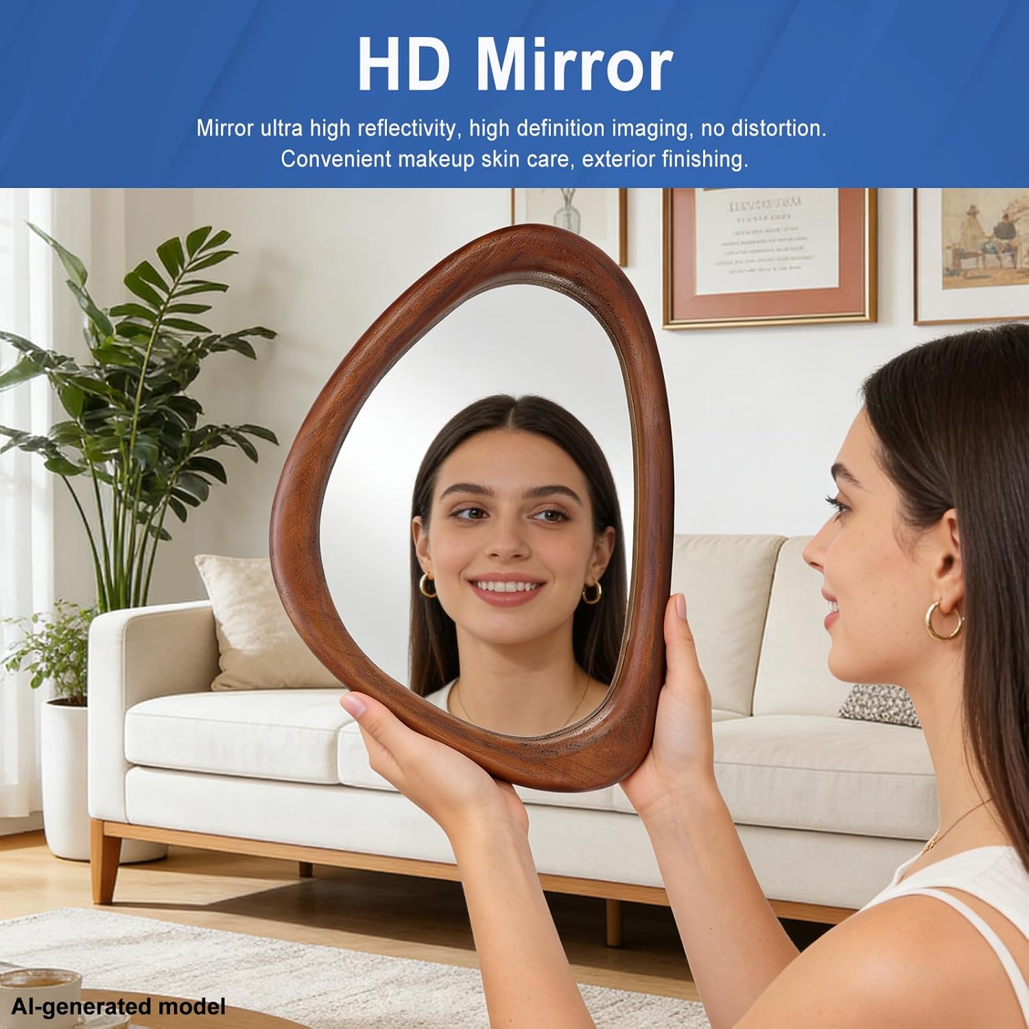 GoFurnitureHub 15" Asymmetrical Wood Wall Mirror – Modern Irregular Decorative Mirror, Black Walnut