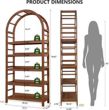 GoFurnitureHub 5-Tier Solid Wood Arched Bookshelf – Modern Walnut Open Display Bookcase for Home & Office