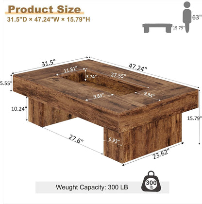 GoFurnitureHub 47.2" Rustic Coffee Table Modern Wood Center Table with LED Lighting & Storage, Rustic Brown