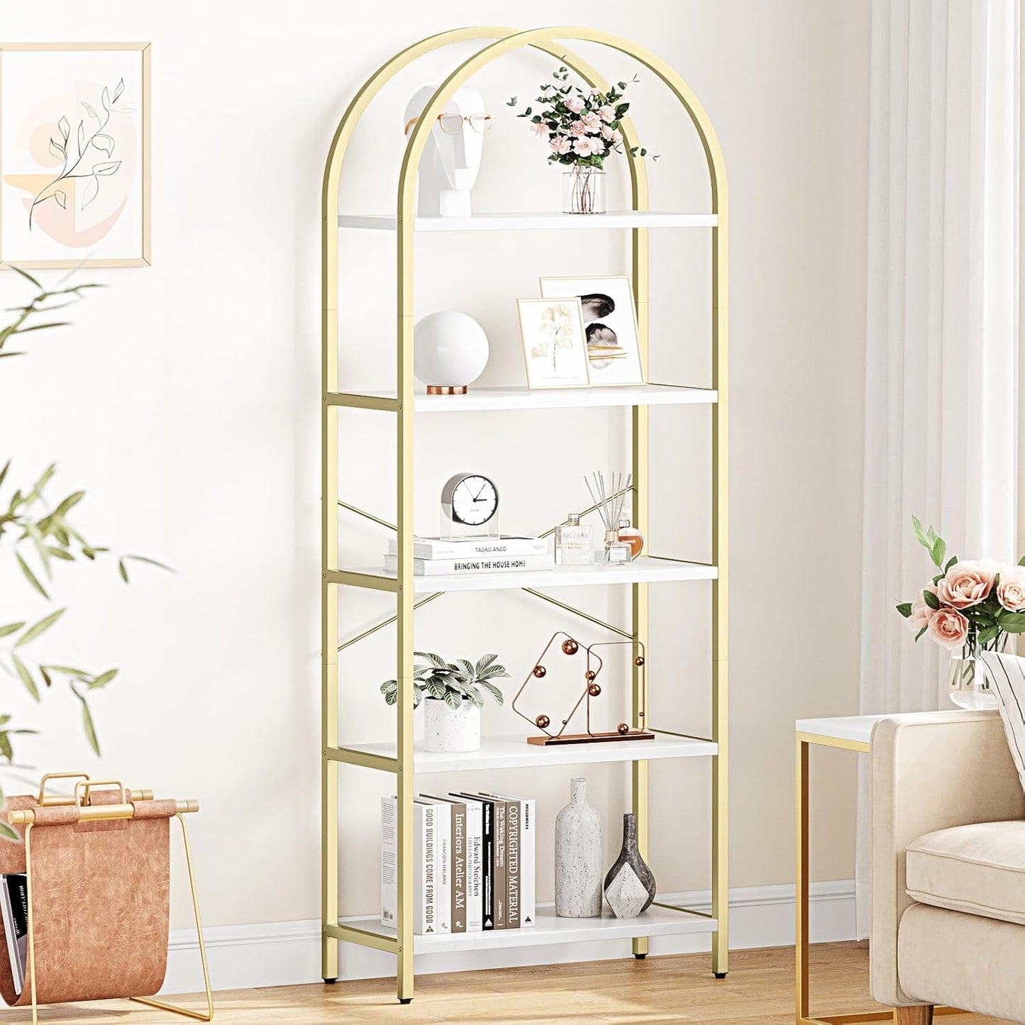 GoFurnitureHub 5-Tier Arched Bookshelf – White & Gold Modern Metal Display Bookcase for Living Room & Home Office
