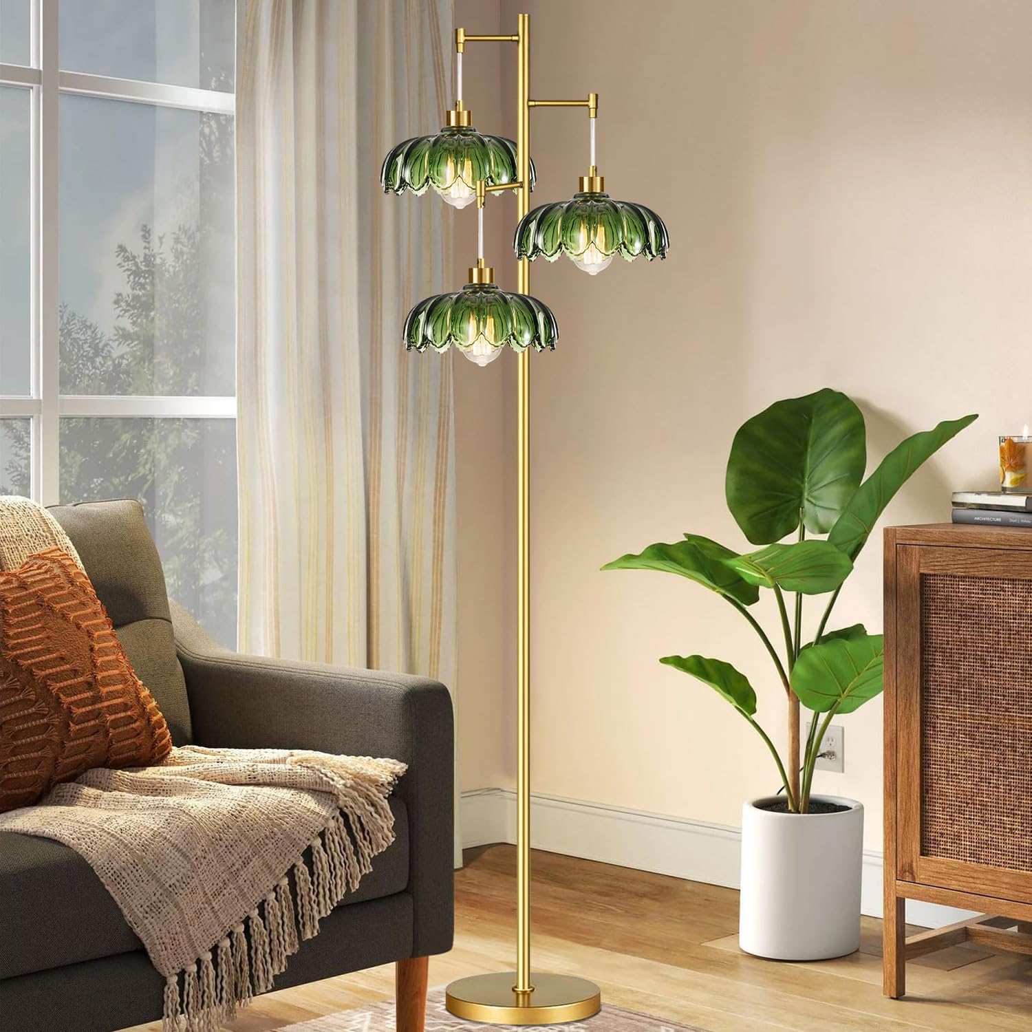 GoFurnitureHub Vintage Brass 3-Light Floor Lamp with Green Glass Shades