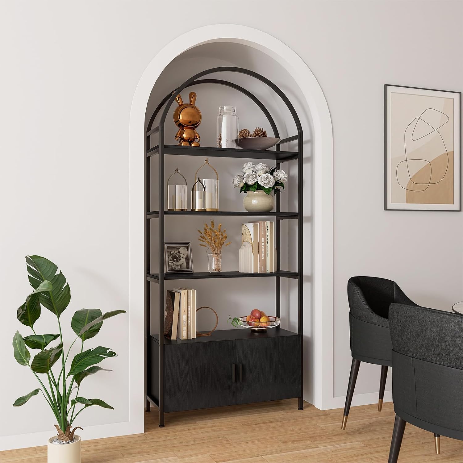 GoFurnitureHub 71" Arched Bookshelf with Storage Cabinet – Industrial 5-Tier Black Bookcase with Doors
