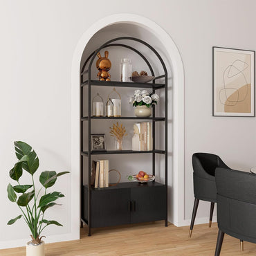 GoFurnitureHub 71" Arched Bookshelf with Storage Cabinet – Industrial 5-Tier Black Bookcase with Doors