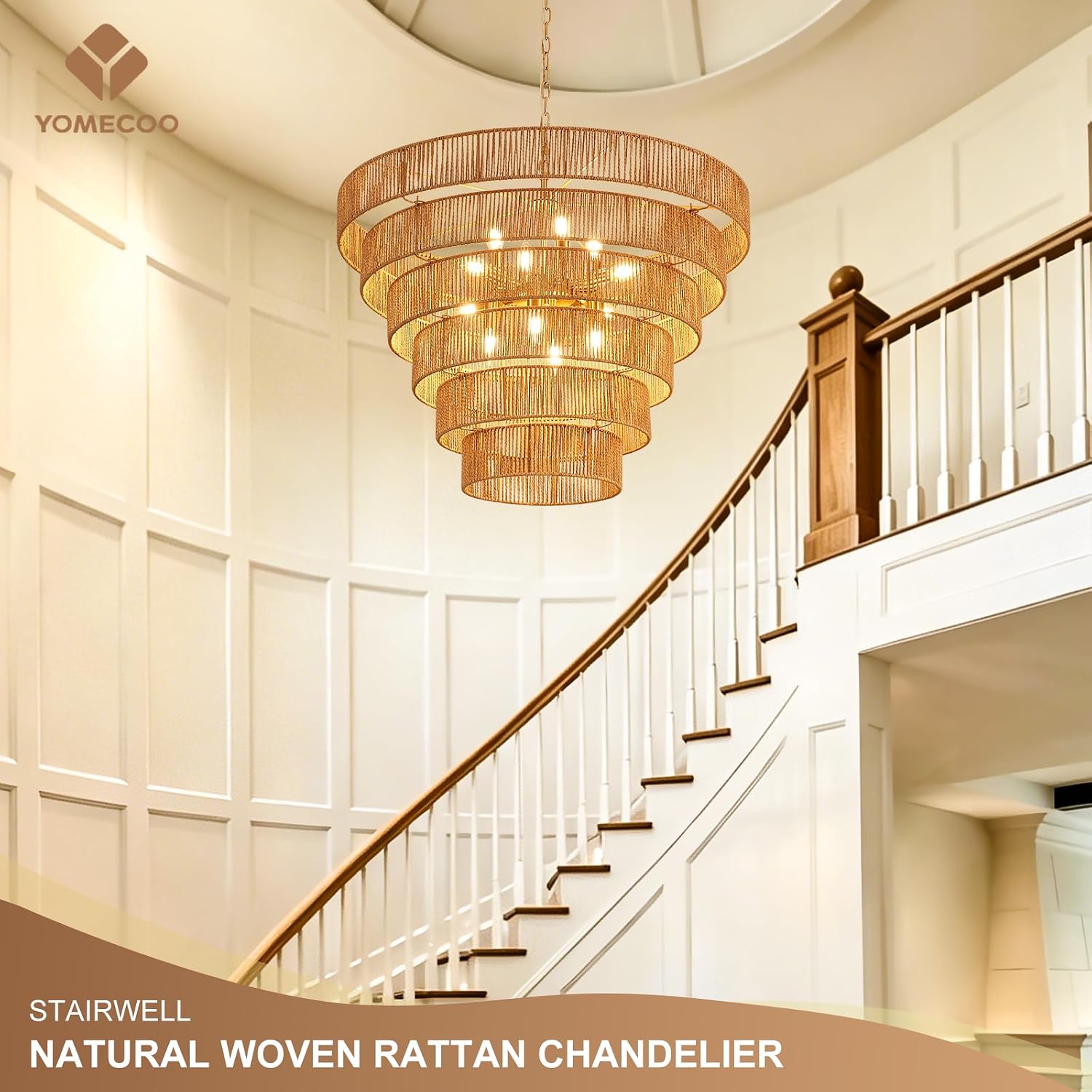 GoFurnitureHub 31.5" Large Gold Rattan Chandelier – 12-Light Handwoven Boho Farmhouse Drum Ceiling Light