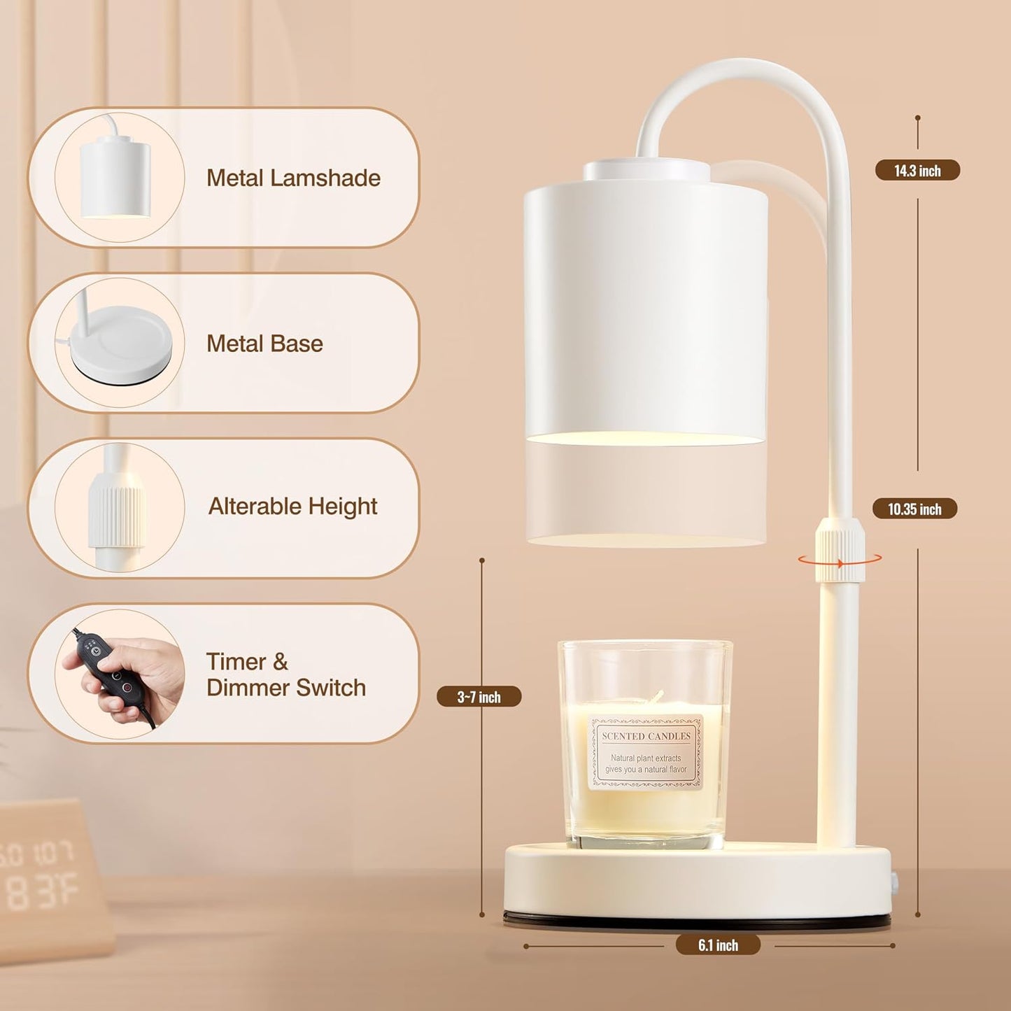 GoFurnitureHub Height Adjustable Candle Warmer Lamp – White