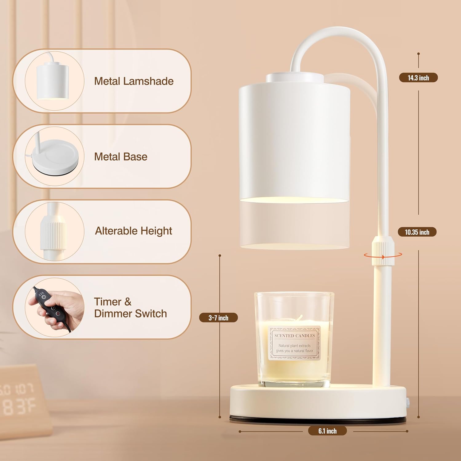 GoFurnitureHub Height Adjustable Candle Warmer Lamp – White