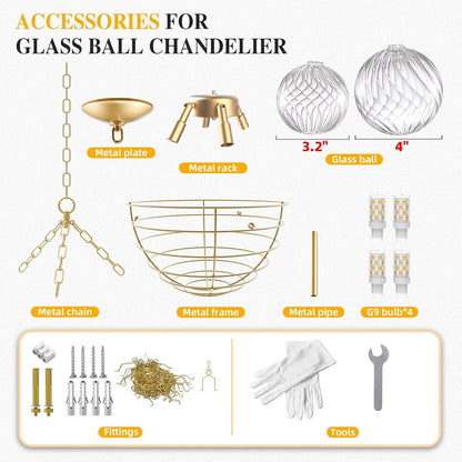 GoFurnitureHub 20" Gold Bubble Glass Chandelier – Hand-Blown Ribbed Glass Pendant Light for Dining Room & Foyer