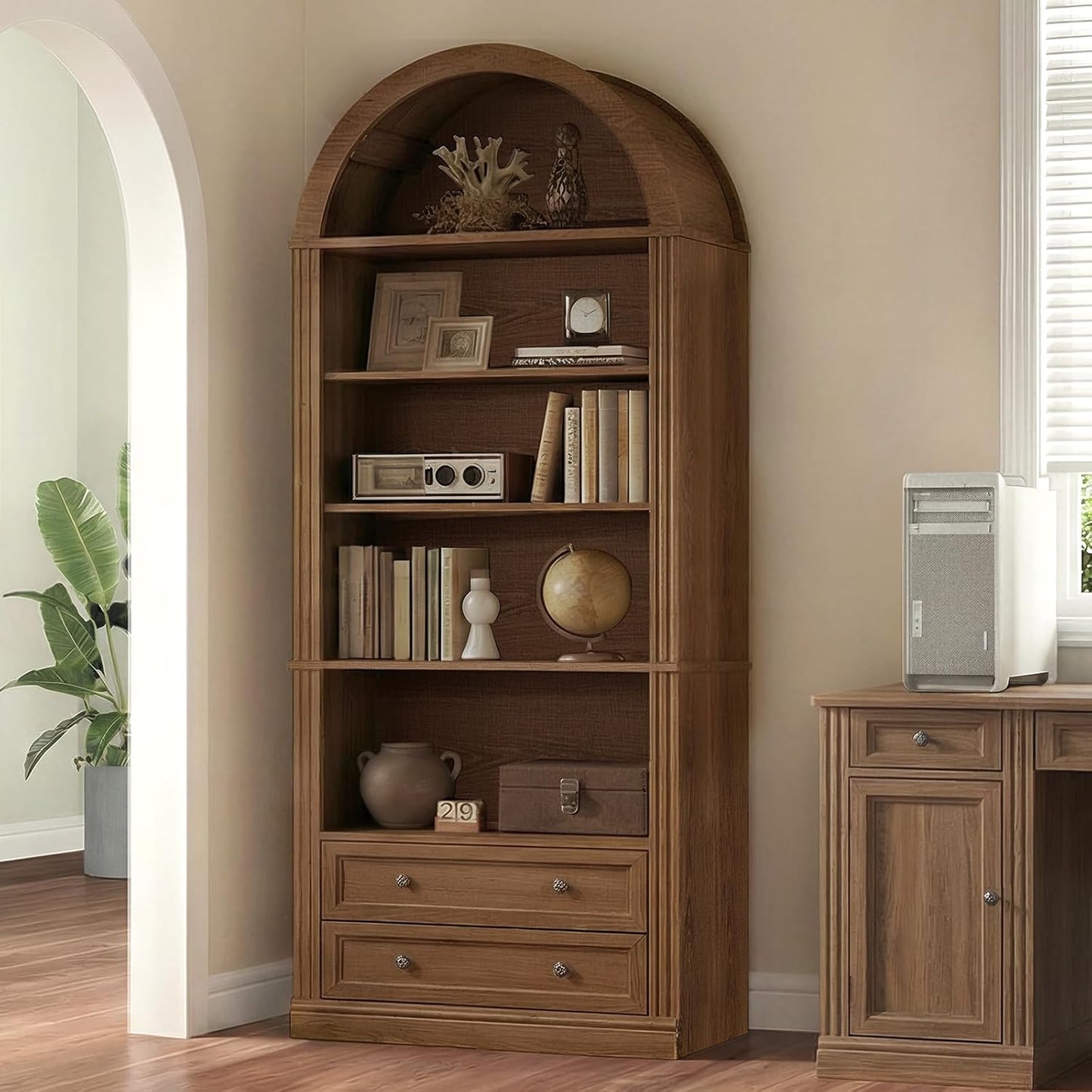 GoFurnitureHub 7-Tier Farmhouse Arched Bookshelf – Walnut Bookcase with 2 Drawers & Storage Cabinet