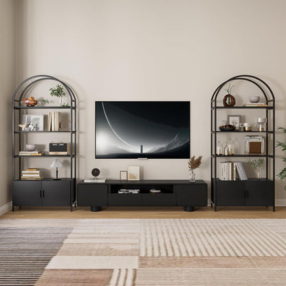GoFurnitureHub 71" Arched Bookshelf with Storage Cabinet – Industrial 5-Tier Black Bookcase with Doors