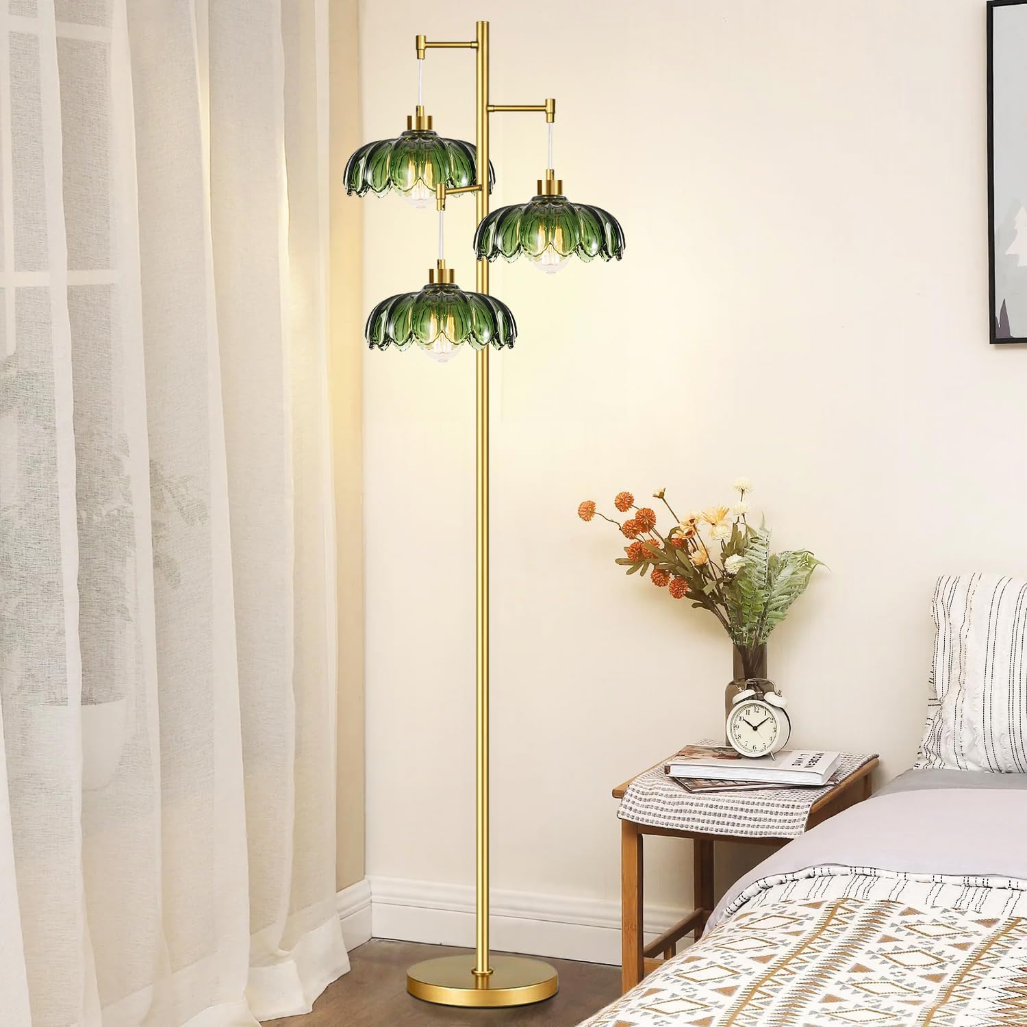 GoFurnitureHub Vintage Brass 3-Light Floor Lamp with Green Glass Shades