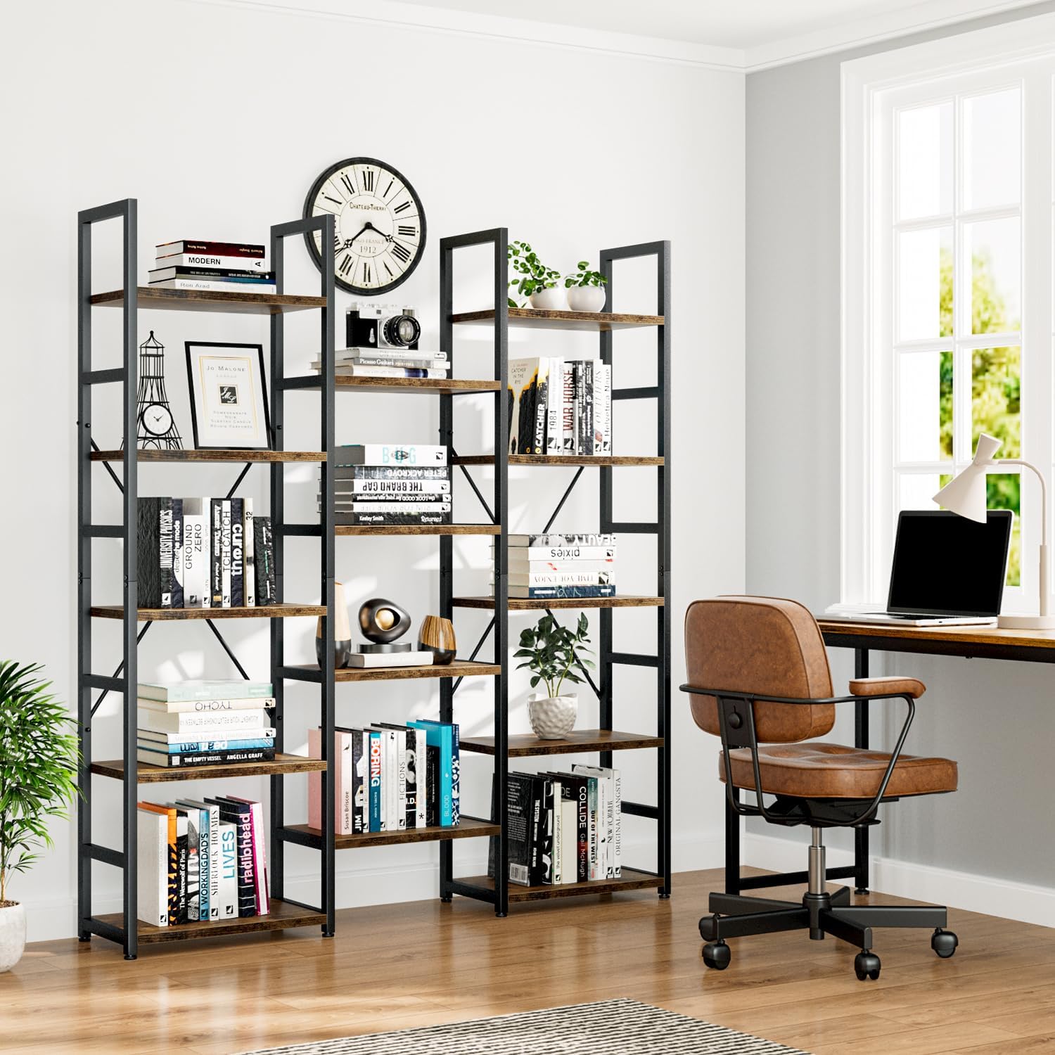 GoFurnitureHub Triple Column 5-Tier Bookcase – 14-Shelf Rustic Industrial Storage Bookshelf, Vintage