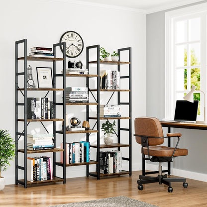 GoFurnitureHub Triple Column 5-Tier Bookcase – 14-Shelf Rustic Industrial Storage Bookshelf, Vintage